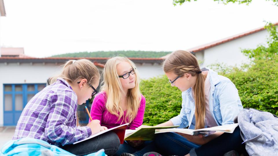 Schülerinnen machen zusammen Hausaufgaben vor dem Schulgebäude Schülerinnen machen zusammen Hausaufgaben vor dem Schulgebäude