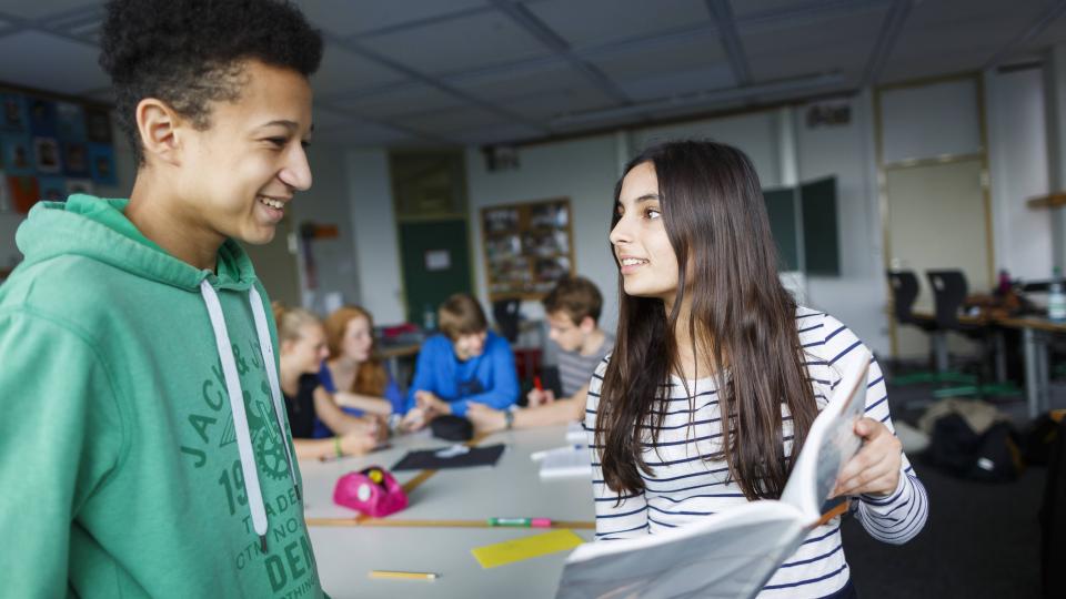 Schülerin und Schüler lernen zusammen Klassenraum Schülerin und Schüler lernen zusammen Klassenraum