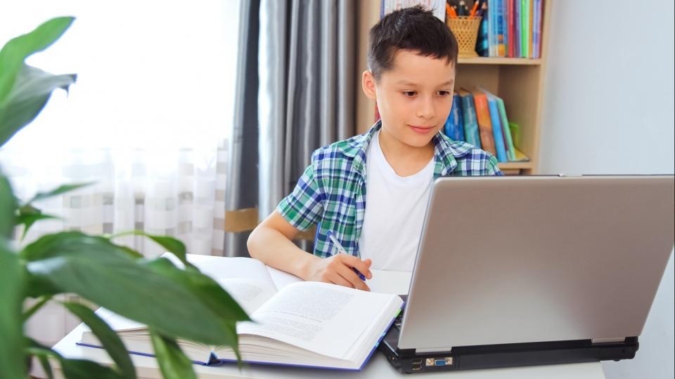 Junge sitzt vor einem Laptop am Schreibtisch