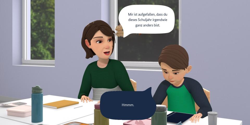 Animiertes Standbild aus dem Spiel "Was ist los mit Jaron?": Jaron sitzt betrübt neben seiner Lehrerin am Tisch, diese spricht in an: "Mir ist aufgefallen, dass Du dieses Schuljahr irgendwie ganz anders bist." Jaron erwiedert:"Hmmm."