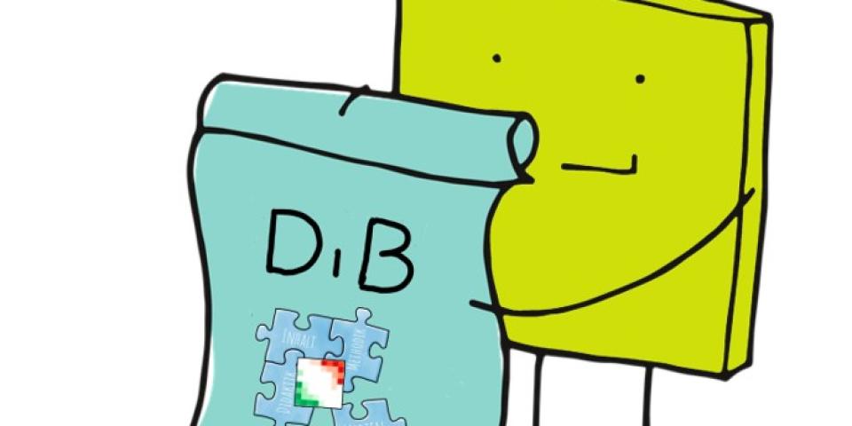 Grafische Darstellung: Eine Figur hält ein gerolltes Blatt hoch, auf dem die Buchstaben DiB (für Digitalisierungsbeauftragte) sowie ein Puzzle zu sehen sind. 