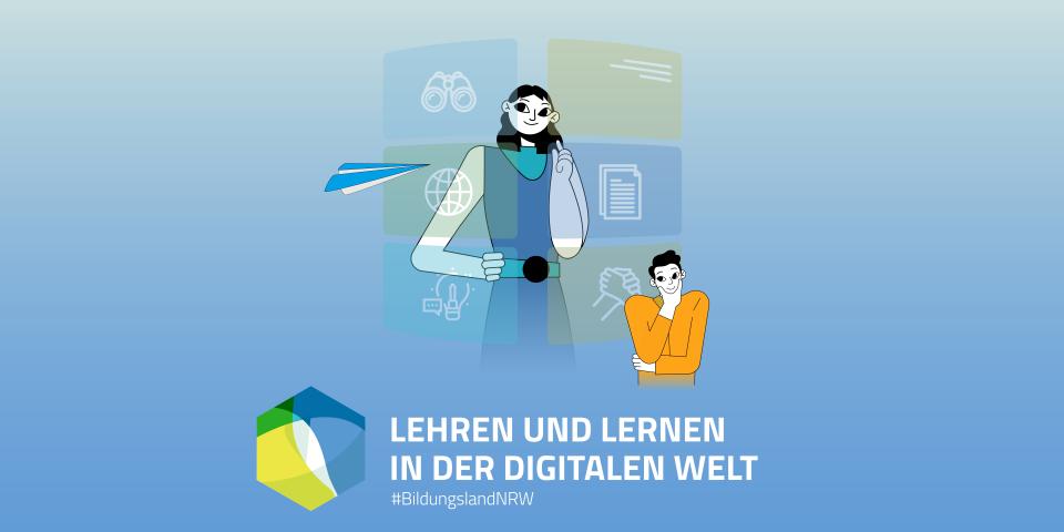 Wort-Bild-Marke mit dem Schriftzug "Lehren und Lernen in der digitalen Welt". Darüber die grafische Darstellung zweier Personen vor transparenten Kacheln mit unterschiedlichen Symbolen (Fernglas, Weltkugel, Notizblock, ineinandergreifende Hände, Glühbirne).