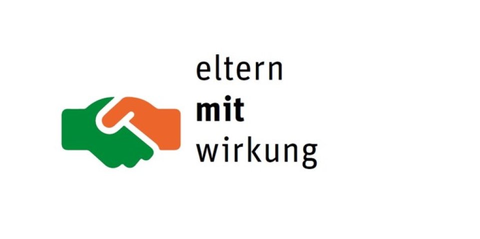 zwei stilisierte, ineinander verschränkte Hände in grün und orange; daneben übereinander die Worte eltern mit wirkung