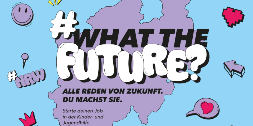 Eine Umrisskarte von NRW mit der Überschrift "What the Future?"