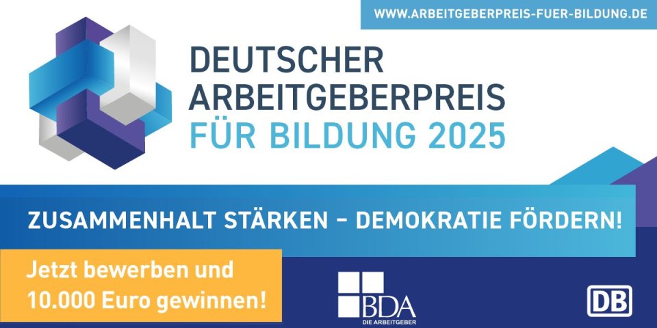 Der Deutsche Arbeitgeberpreis für Bildung steht im Jahr 2025 unter dem Motto "Zusammenhalt stärken - Demokratie fördern".