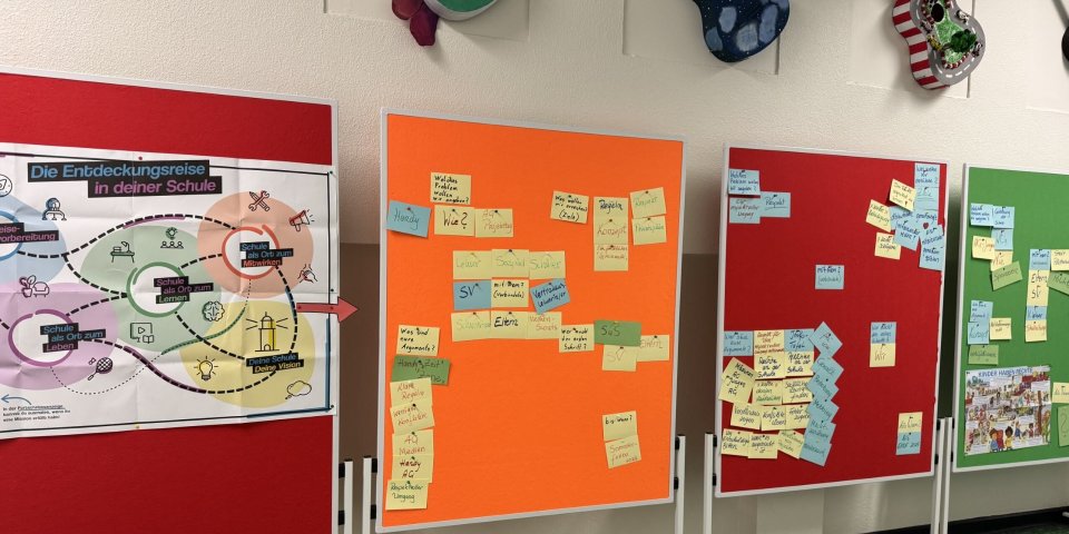 Schülerinnen und Schüler haben ihre Ideen auf bunten Pinnwänden gesammelt. 
