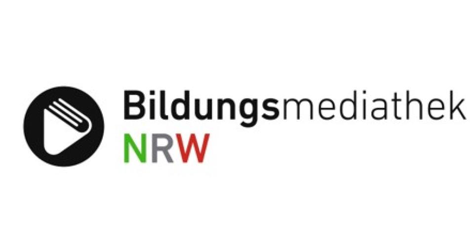 Stilisiertes Buch auf kreisförmigen Hintergrund mit dem Schriftzug Bildungsmediathek NRW daneben