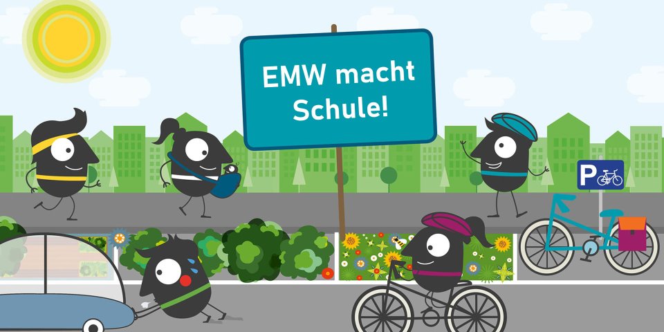 Ein Comic: Um ein Schild mit der Aufschrift "EMW macht Schule!" herum nehmen Kinder am Straßenverkehr teil.