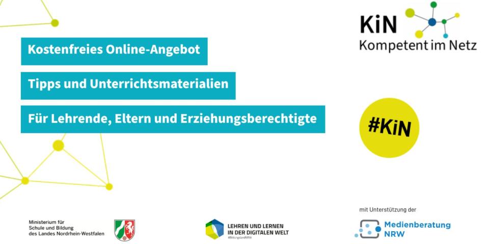 Netzstruktur und Logos zum Online-Angebot von „Kompetent im Netz“ mit Schriftzug: Kostenfreies Angebot, Tipps und Unterrichtsmaterialien. Für Lehrende, Eltern und Erziehungsberechtigte. 