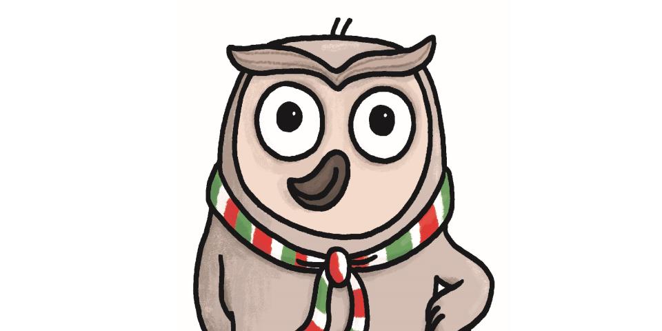 Eine Eule mit einem Schal in den nordrhein-westfälischen Landesfarben hält einen Buntstift im Flügel.