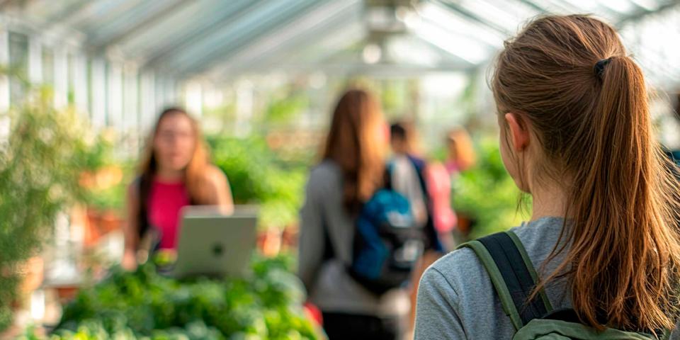 Junge Menschen gehen durch ein Gewächshaus.