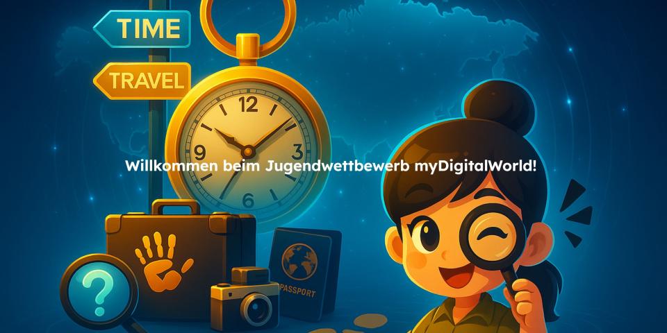 Ein junges Mädchen schaut durch eine Lupe, im Hintergrund sieht man unter anderem einen Koffer, eine Fotokamera, eine Uhr und einen Wegweiser mit der Aufschrift "Time Travel".