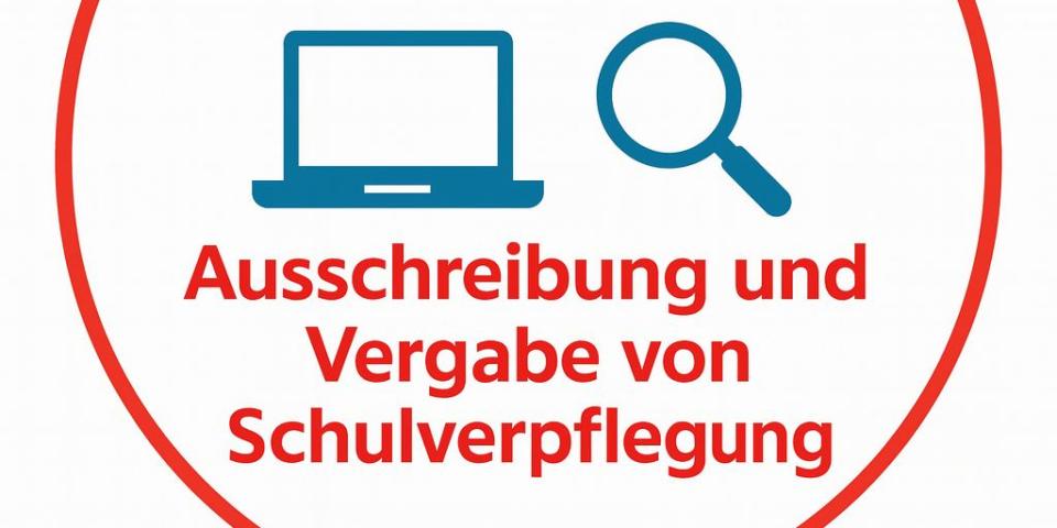 Das Logo der Digitalen Arbeitshilfe zur Ausschreibung und Vergabe von Schulverpflegung zeigt neben der Schrift einen Bildschirm und eine Lupe.