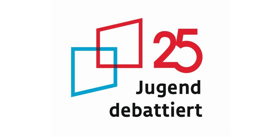 Das Logo von "25 Jahre Jugend debattiert" zeigt neben dem Schriftzug zwei Vierecke.