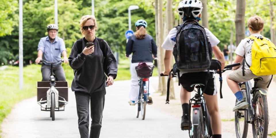 Radfahrer und Fußgänger bewegen sich auf einem Weg fort.