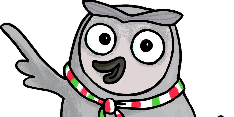 Das Maskottchen des Landtags NRW, die Eule Helene, hält eine Art Puzzlestück im Form der Umrisse NRWs unter dem Arm.