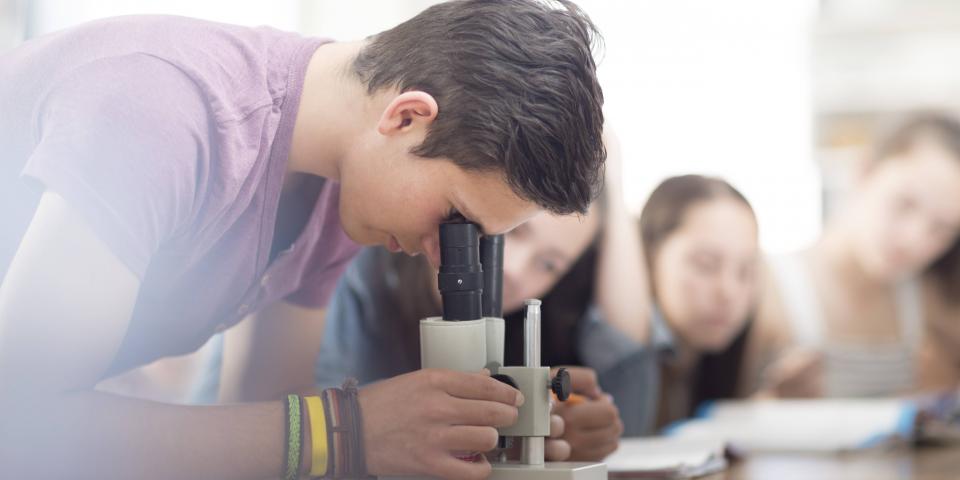 Schüler schaut im Unterricht durch ein Mikroskop.