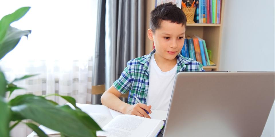 Junge sitzt vor einem Laptop am Schreibtisch