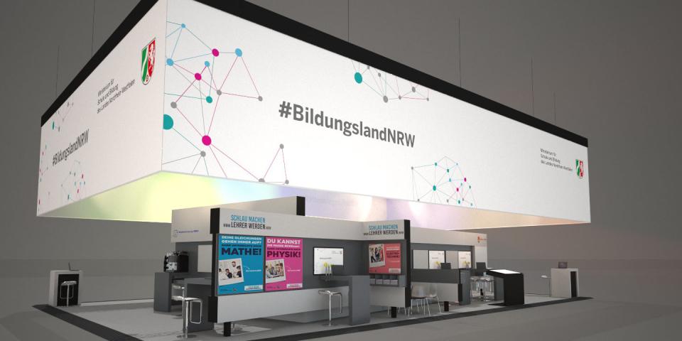 3d-Entwurfszeichnung des Messestandes des Schulministeriums auf der didacta 2019.