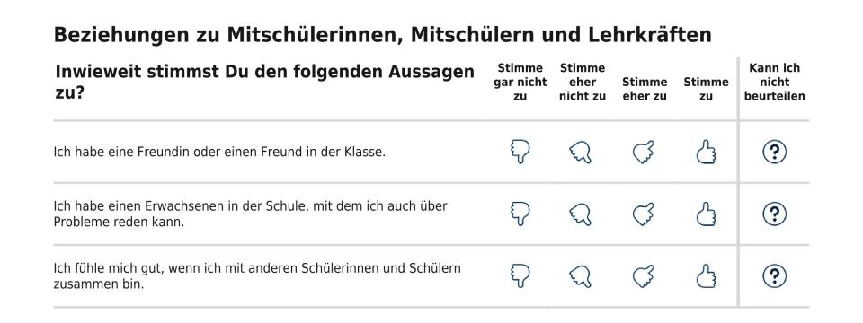 Der Fragebogen zum Schülerfeedback erhebt unter anderem, ob eine Schülerin oder ein Schüler gute Beziehungen zu anderen Personen in der Klasse oder Schule hat.
