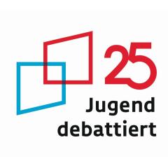 Das Logo von "25 Jahre Jugend debattiert" zeigt neben dem Schriftzug zwei Vierecke.