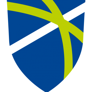 Logo des Wettbewerbs "German Young Physicists‘ Tournament": Schriftzug GYPT, darunter ein blaues Wappen, um das sich weiße und hellgrüne Streifen schlingen.
