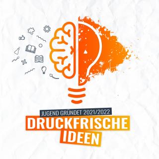 Logo des Wettbewerbs "Jugend gründet 2021/2022" mit dem Slogan "Druckfrische Ideen"