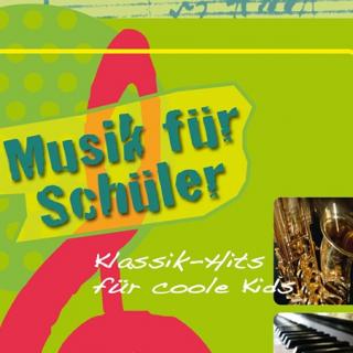 Grafik mit Musikinstrumenten und dem Schriftzug "Musik für Schüler. Klassik-Hits für coole Kids"