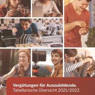 Die Titelseite der Broschüre "Vergütungen für Auszubildende" zeigt junge Menschen in unterschiedlichen Berufen.