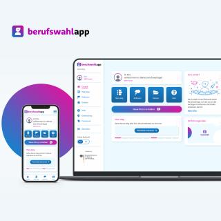 Darstellung der berufswahlapp auf den Bildschirmen eines Handys und eines Laptops.