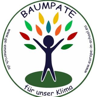 Das Logo "BAUMPATE für unser Klima" zeigt symbolisch eine Person mit bunten Blättern.