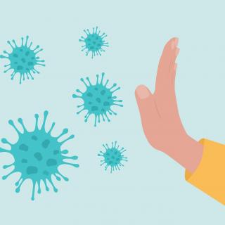Grafische Darstellung stark vergrößerter stilisierter Corona-Viren, die von einer ausgestreckten Hand abgewehrt werden.