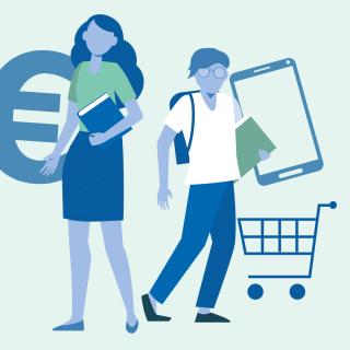 Die Grafik zeigt zwei junge Leute beim Einkaufen und beim Online-Shopping