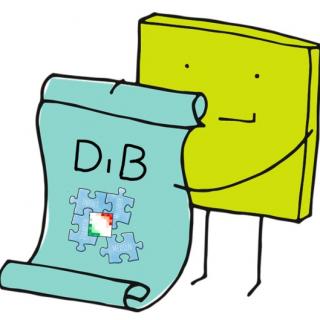 Grafische Darstellung: Eine Figur hält ein gerolltes Blatt hoch, auf dem die Buchstaben DiB (für Digitalisierungsbeauftragte) sowie ein Puzzle zu sehen sind. 