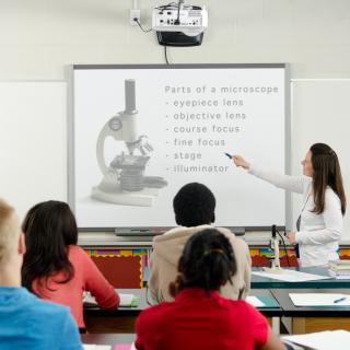 Lehrerin zeigt an einer Leinwand englische Begriffe für den Aufbau eines Mikroskops, die Schülerinnen und Schüler sind von hinten zu erkennen.