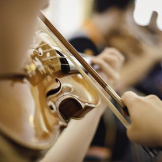 Nahaufnahme einer Geige spielenden Person, das Gesicht liegt in der Unschärfe. Ebenfalls unscharf im Hintergrund sind weitere Musiker/innen zu erkennen.