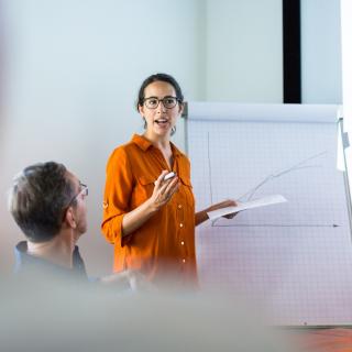 Eine Frau präsentiert Datenmaterial von einer Flipchart sowie einer Beamer-Projektion. Ihre Zuhörerschaft ist nur von hinten bzw. unscharf zu erkennen.