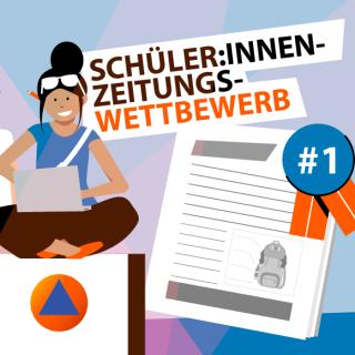 Unter der Überschrift "Schüler:innenzeitungswettbewerb" sieht man drei Jugendliche mit Laptop und einer ausgezeichnete Schüler:innenzeitung