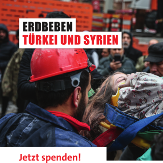 Spendenaufruf für die Opfer des Erbebens in der Türkei und in Syrien. 