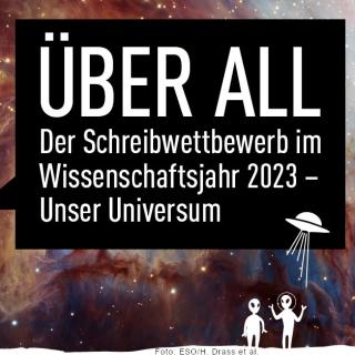Das Banner zum Wettbewerb "Über All" zeigt eine junge Frau mit der Erdkugel in den Händen, im Hintergrund sieht man das All.