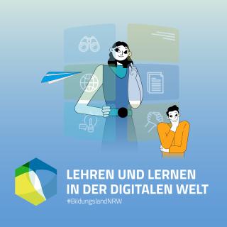 Wort-Bild-Marke mit dem Schriftzug "Lehren und Lernen in der digitalen Welt". Darüber die grafische Darstellung zweier Personen vor transparenten Kacheln mit unterschiedlichen Symbolen (Fernglas, Weltkugel, Notizblock, ineinandergreifende Hände, Glühbirne).