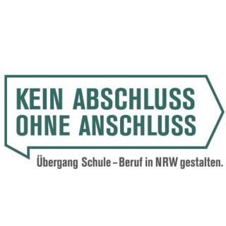 Logo in Sprechblasenform mit dem Text "Kein Abschluss ohne Anschluss". Darunter der Text "Übergang Schule - Beruf in NRW gestalten."