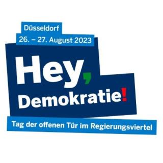 Logo mit dem Schriftzug "Düsseldorf, 26. - 27. August 2023, Hey Demokratie! Tag der offenen Tür im Regierungsviertel"