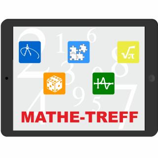 Schriftzug "Mathe-Treff" sowie eine Anordnung von Grafiken auf jeweils einem bunten Viereck: Zirkel, Puzzle, mathematisches Wurzel-Zeichen, Würfel, Kurve in einem Diagramm.