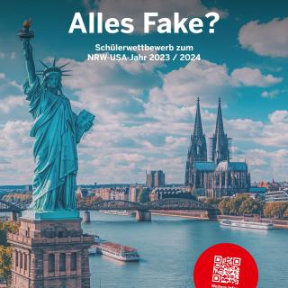 Das Plakat zum Schülerwettbewerb "Alles Fake?" zeigt die Freiheitsstatue und den Kölner Dom.