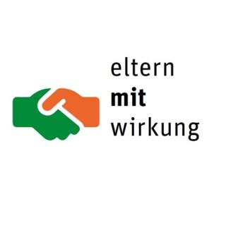 zwei stilisierte, ineinander verschränkte Hände in grün und orange; daneben übereinander die Worte eltern mit wirkung