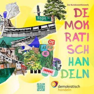 Das Banner zum diesjährige Wettbewerb Demokratisch Handeln zeigt eine bunte Collage aus Naturelementen, einer Achterbahn, Tieren, Medien...