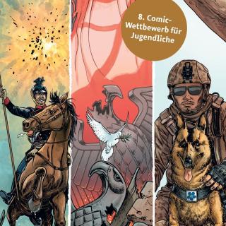 Die Zeichnung zeigt drei verschiedene Szenen mit Tieren im Krieg: Ein Reiter auf einem Pferd, Adler und Friedenstaube und ein Soldat mit einem Schäferhund.