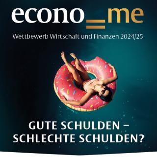 Eine junge Frau liegt in einem Schwimmring in Form eines angebissenen Donuts, darunter der Schriftzug "Gute Schulden - schlechte Schulden?"