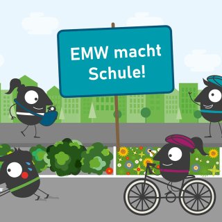Ein Comic: Um ein Schild mit der Aufschrift "EMW macht Schule!" herum nehmen Kinder am Straßenverkehr teil.